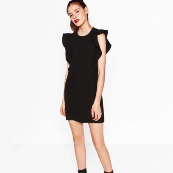 Zara black ruffle sleeve cocktail dress size large - Picture 2 of 7